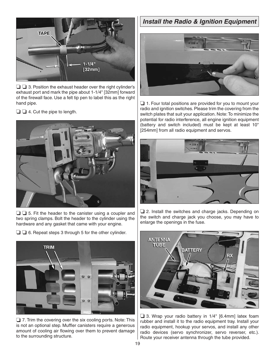 Install the radio & ignition equipment | Great Planes Matt Chapman Eagle 580 ARF 1/3 Scale - GPMA1286 User Manual | Page 19 / 32