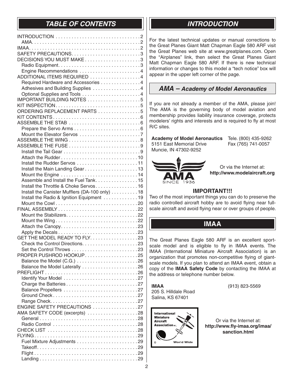 Great Planes Matt Chapman Eagle 580 ARF 1/3 Scale - GPMA1286 User Manual | Page 2 / 32