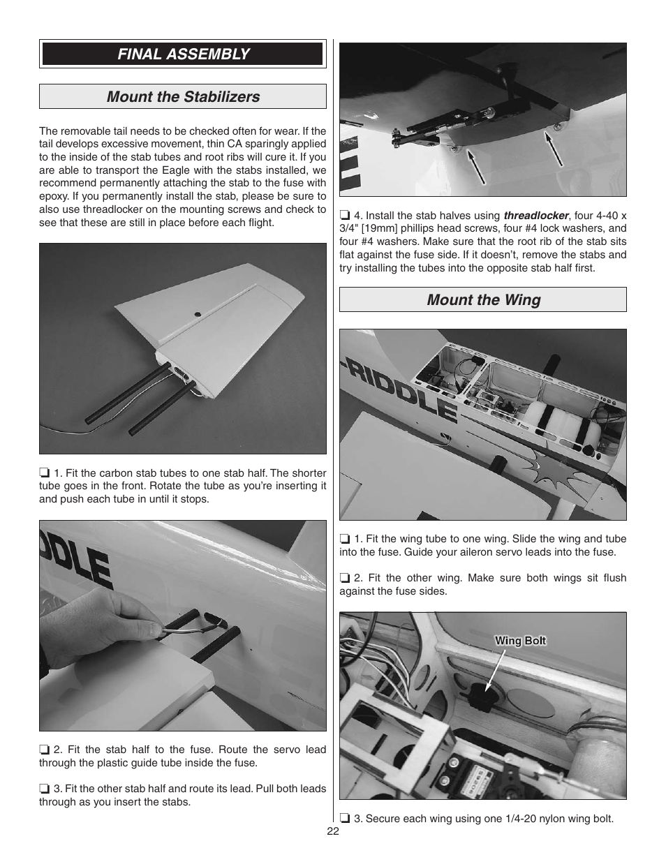 Final assembly mount the stabilizers, Mount the wing | Great Planes Matt Chapman Eagle 580 ARF 1/3 Scale - GPMA1286 User Manual | Page 22 / 32