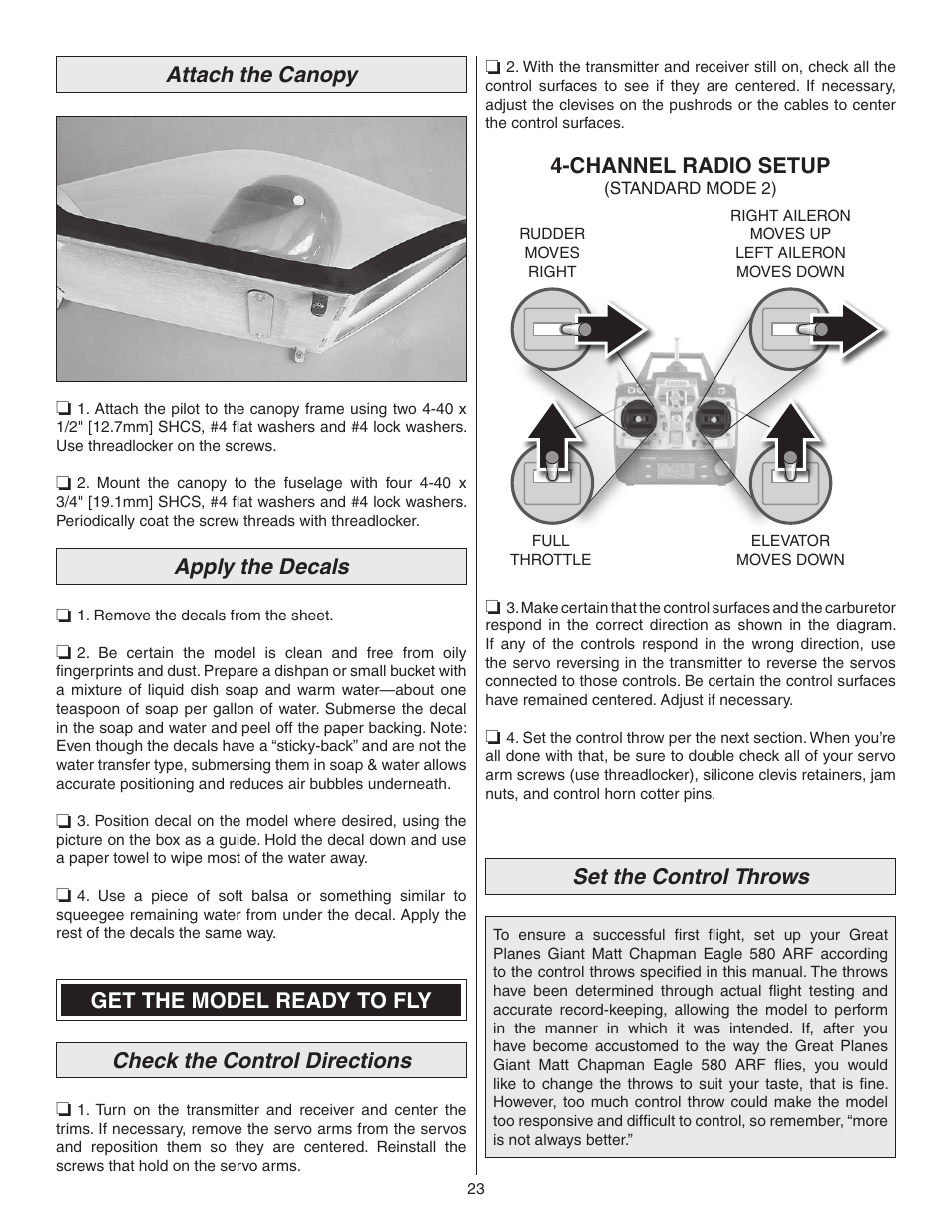 Attach the canopy, Apply the decals, Channel radio setup | Set the control throws | Great Planes Matt Chapman Eagle 580 ARF 1/3 Scale - GPMA1286 User Manual | Page 23 / 32