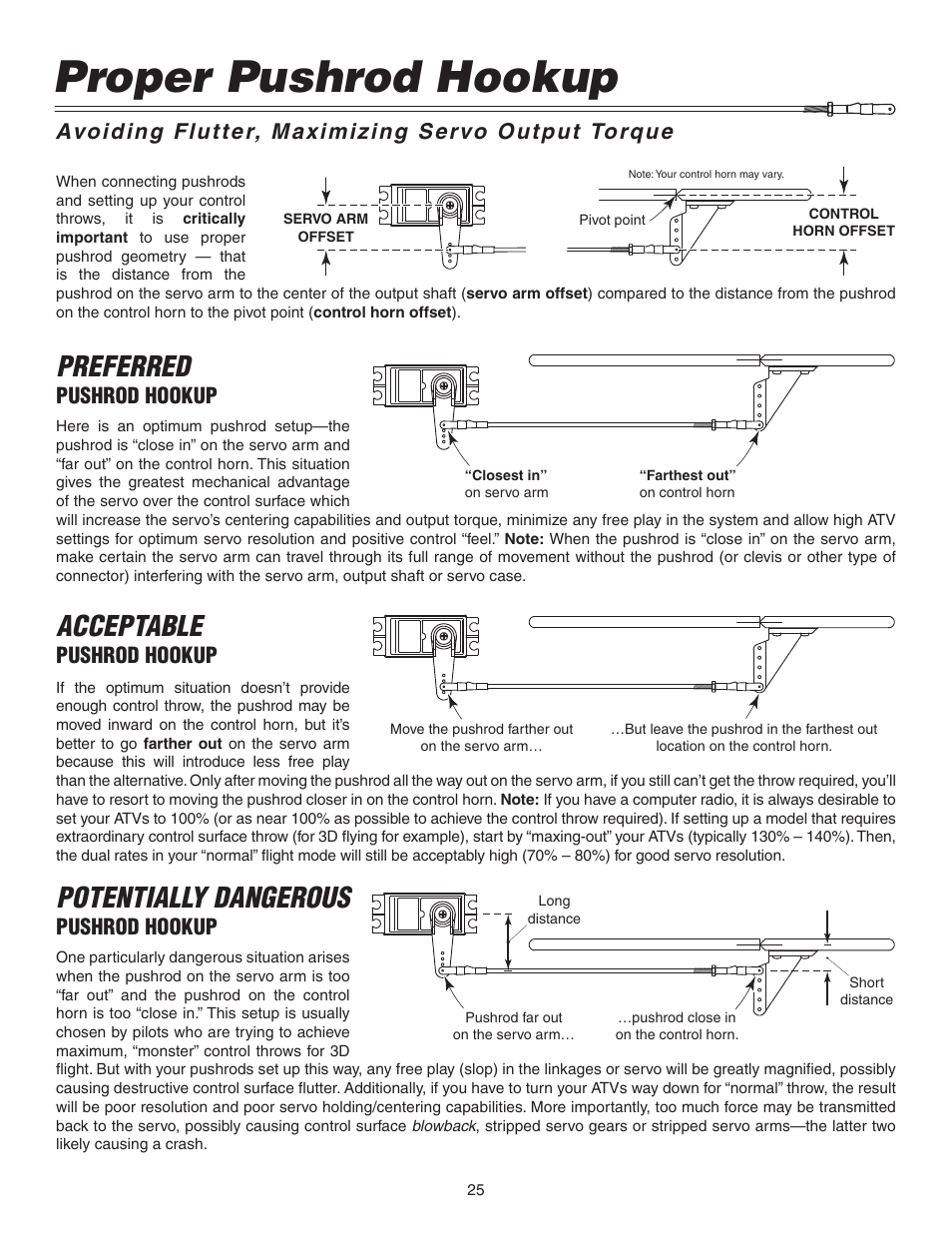 Proper pushrod hookup, Potentially dangerous, Preferred | Acceptable, Pushrod hookup, Avoiding flutter, maximizing servo output torque | Great Planes Matt Chapman Eagle 580 ARF 1/3 Scale - GPMA1286 User Manual | Page 25 / 32