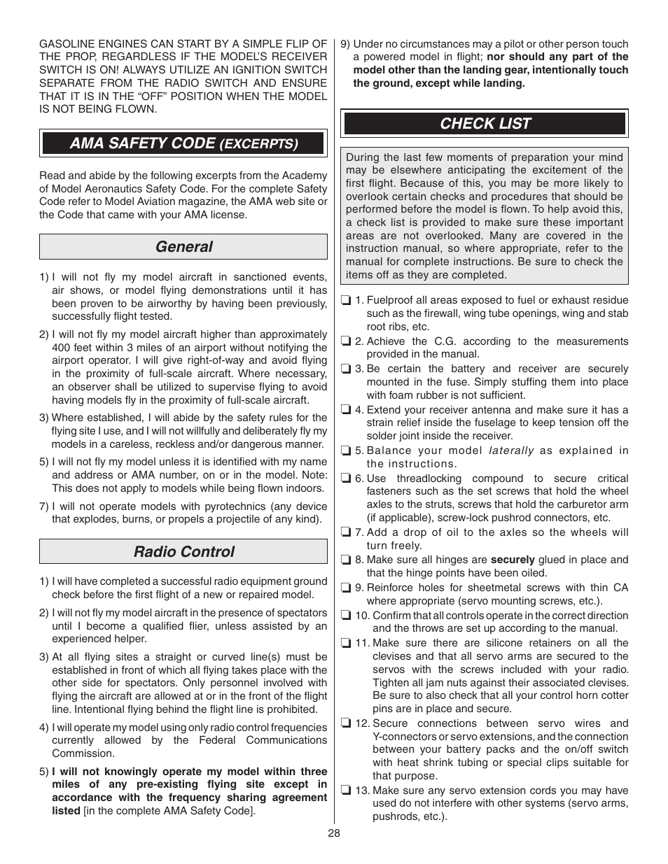 Ama safety code, General, Radio control | Check list | Great Planes Matt Chapman Eagle 580 ARF 1/3 Scale - GPMA1286 User Manual | Page 28 / 32