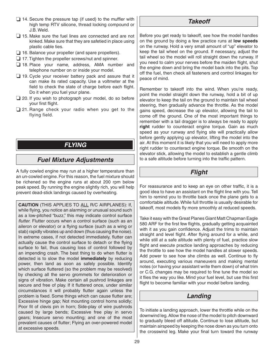 Flying fuel mixture adjustments, Takeoff, Flight | Landing | Great Planes Matt Chapman Eagle 580 ARF 1/3 Scale - GPMA1286 User Manual | Page 29 / 32
