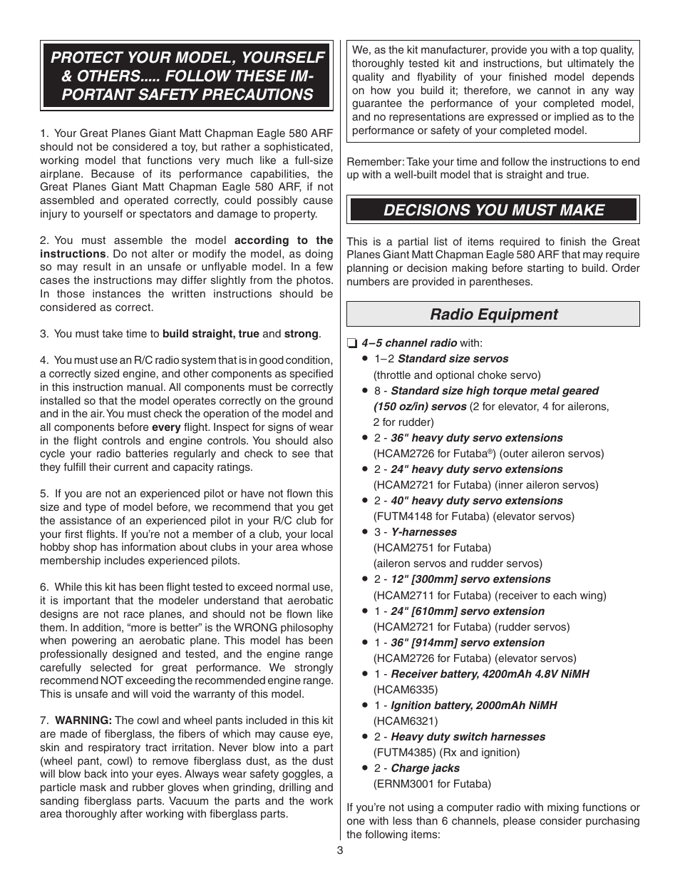Decisions you must make, Radio equipment | Great Planes Matt Chapman Eagle 580 ARF 1/3 Scale - GPMA1286 User Manual | Page 3 / 32