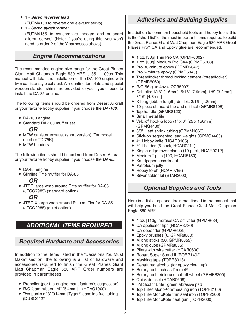 Engine recommendations, Adhesives and building supplies, Optional supplies and tools | Great Planes Matt Chapman Eagle 580 ARF 1/3 Scale - GPMA1286 User Manual | Page 4 / 32