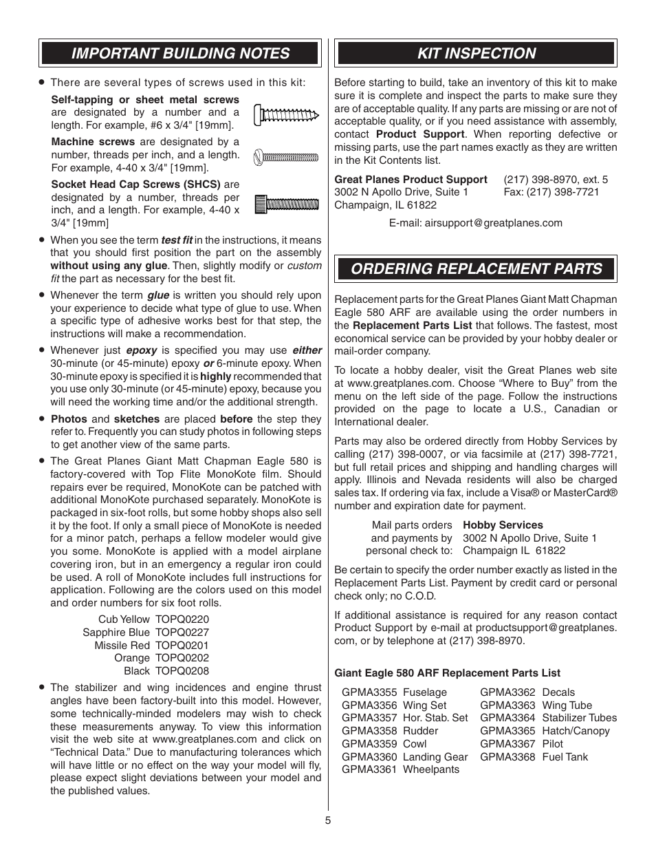 Kit inspection, Ordering replacement parts | Great Planes Matt Chapman Eagle 580 ARF 1/3 Scale - GPMA1286 User Manual | Page 5 / 32