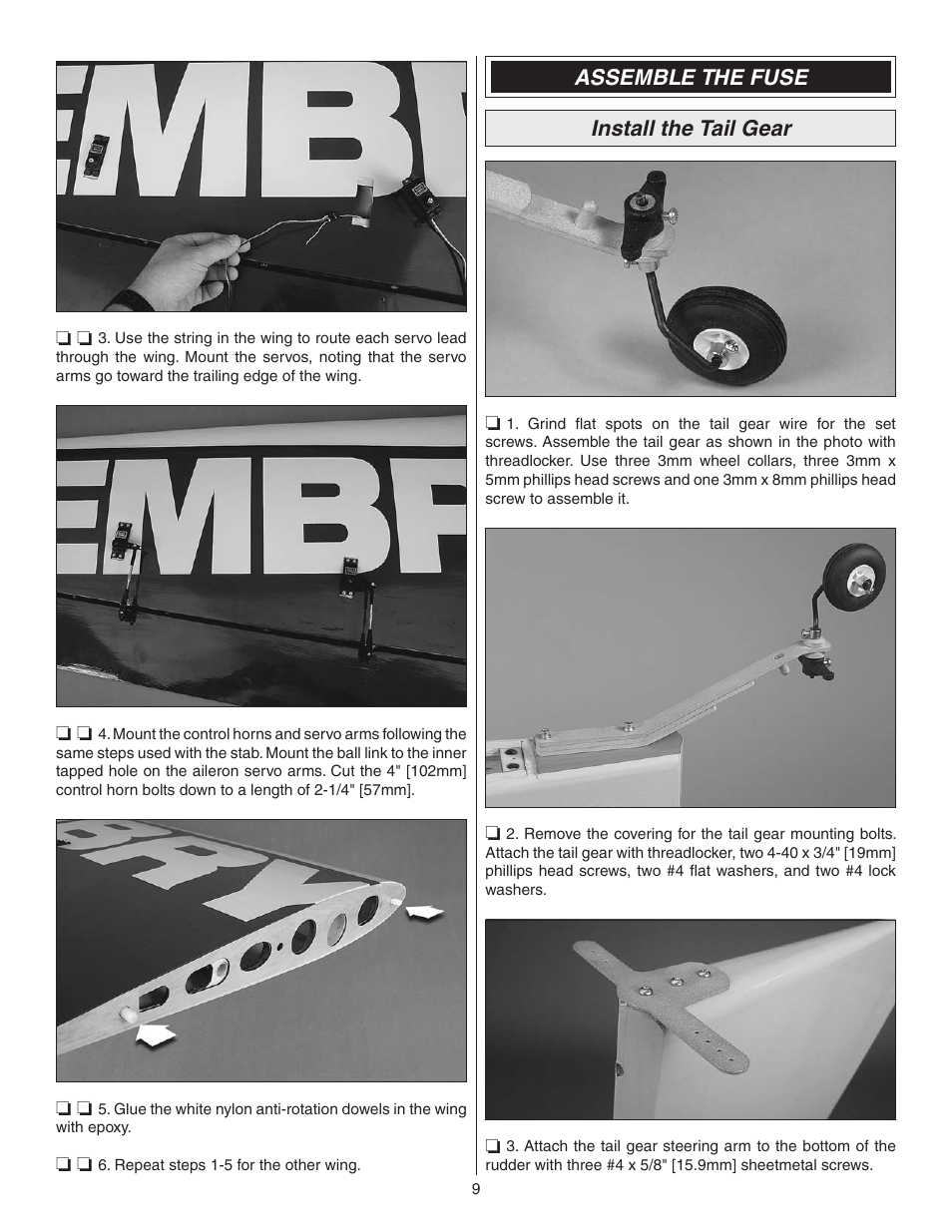 Assemble the fuse install the tail gear | Great Planes Matt Chapman Eagle 580 ARF 1/3 Scale - GPMA1286 User Manual | Page 9 / 32