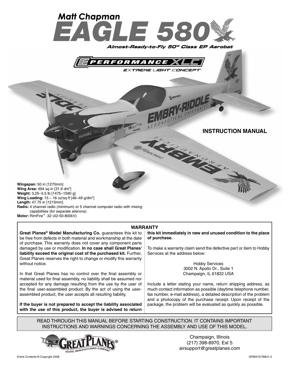 Great Planes Matt Chapman Eagle 580 EP ARF - GPMA1573 User Manual | 24 pages
