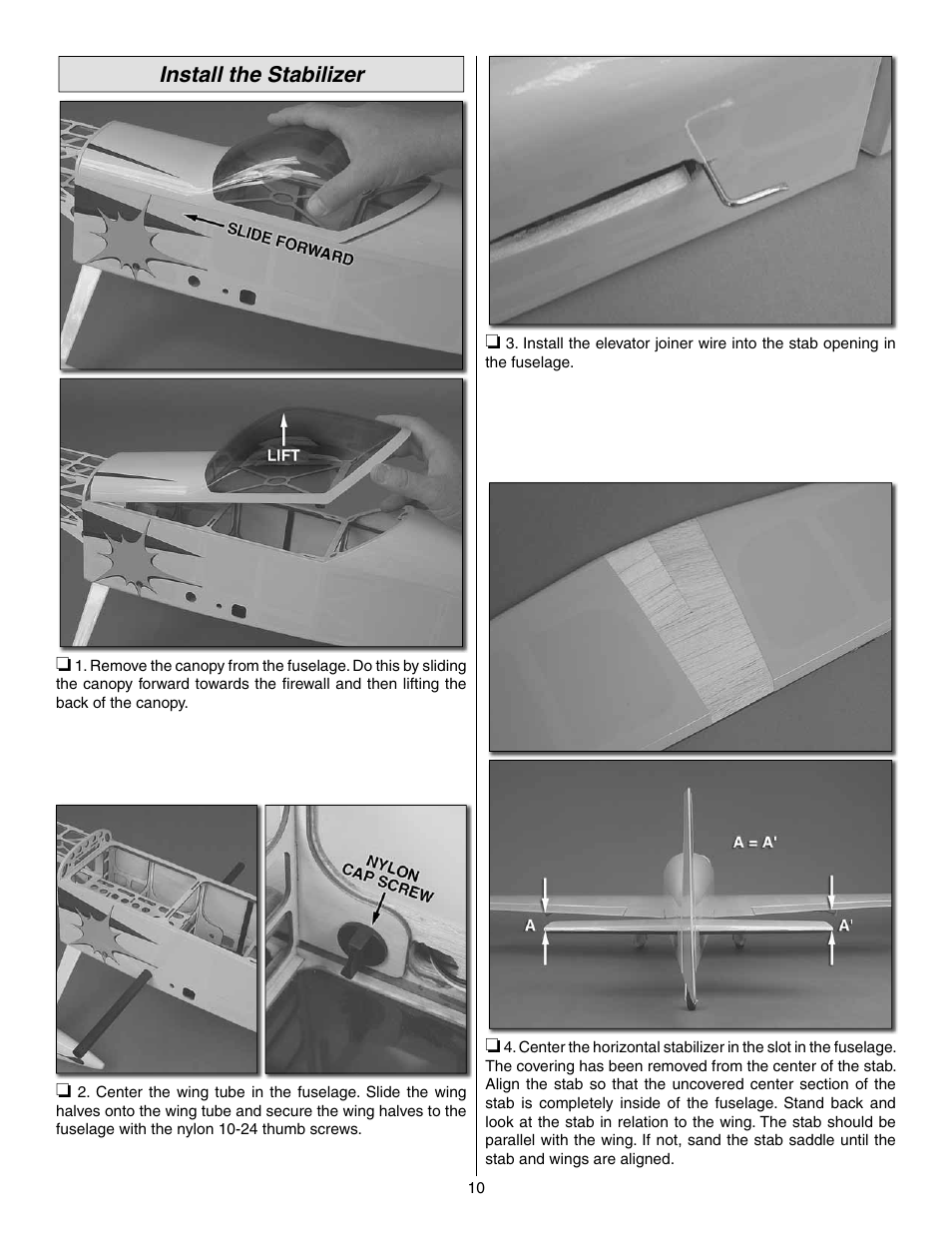 Install the stabilizer | Great Planes Matt Chapman Eagle 580 EP ARF - GPMA1573 User Manual | Page 10 / 24