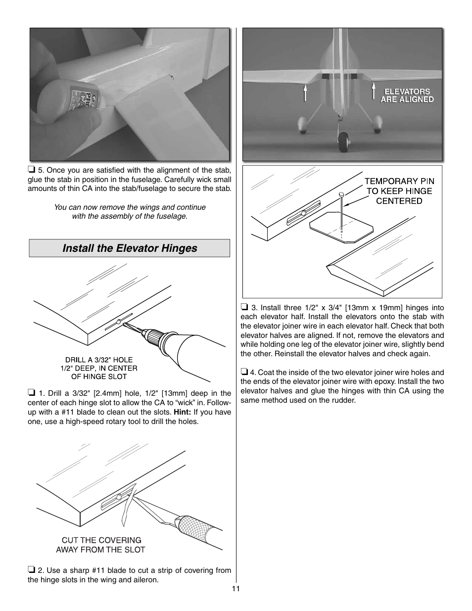 Install the elevator hinges | Great Planes Matt Chapman Eagle 580 EP ARF - GPMA1573 User Manual | Page 11 / 24