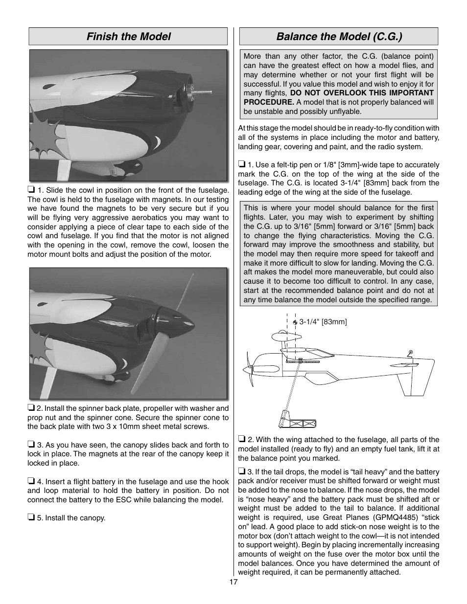 Finish the model, Balance the model (c.g.) | Great Planes Matt Chapman Eagle 580 EP ARF - GPMA1573 User Manual | Page 17 / 24
