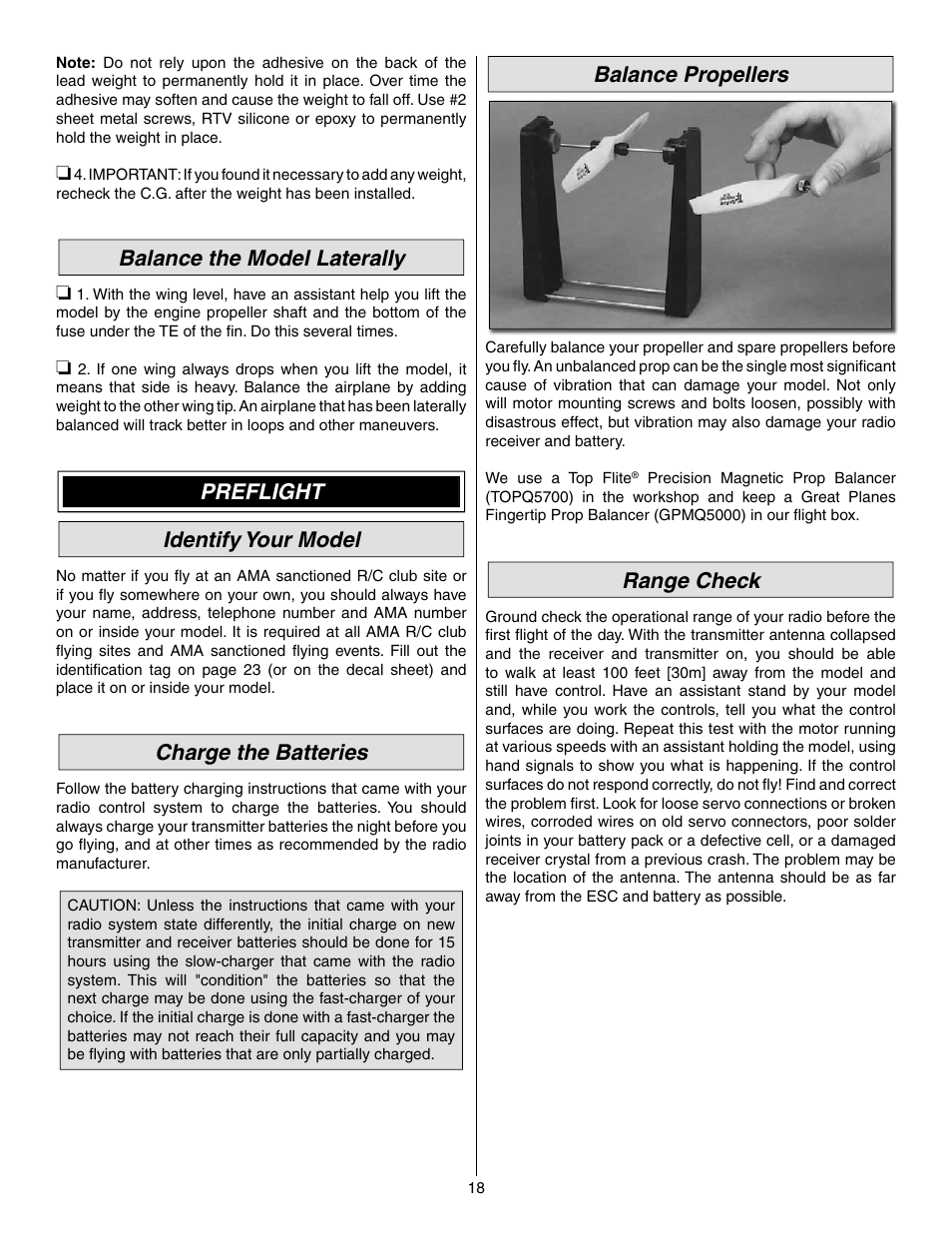 Balance the model laterally, Preflight identify your model, Charge the batteries | Balance propellers, Range check | Great Planes Matt Chapman Eagle 580 EP ARF - GPMA1573 User Manual | Page 18 / 24