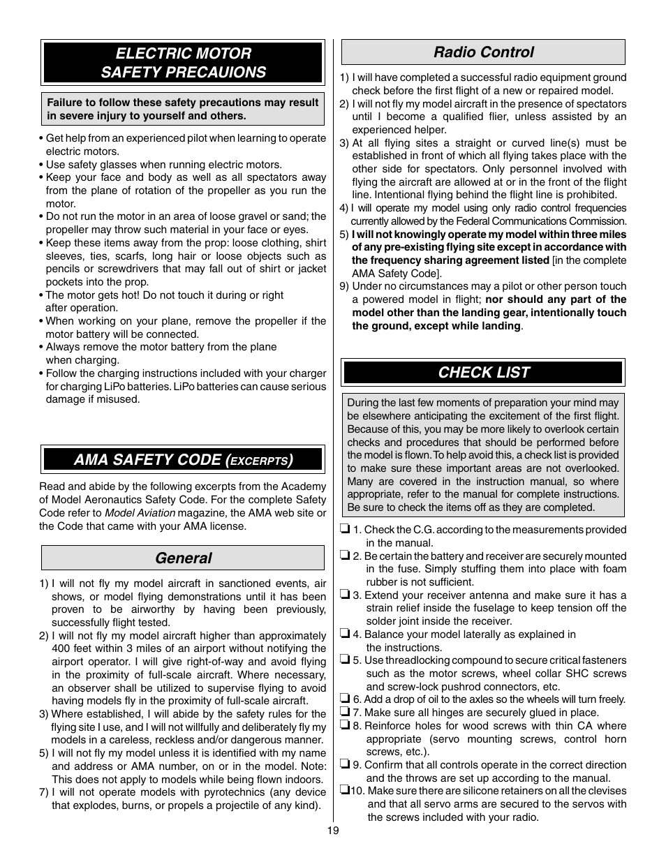 Electric motor safety precauions, Ama safety code, General | Radio control, Check list | Great Planes Matt Chapman Eagle 580 EP ARF - GPMA1573 User Manual | Page 19 / 24