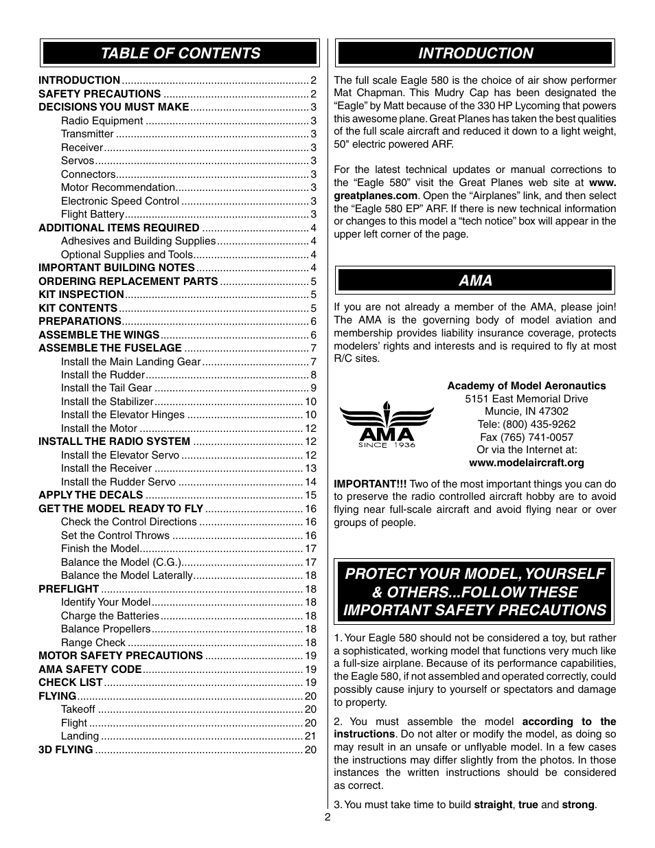 Great Planes Matt Chapman Eagle 580 EP ARF - GPMA1573 User Manual | Page 2 / 24