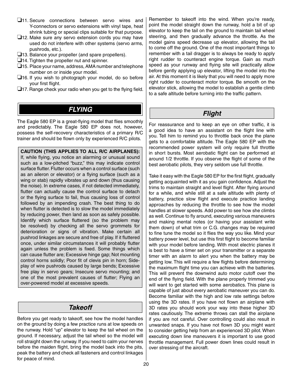Flying, Takeoff, Flight | Great Planes Matt Chapman Eagle 580 EP ARF - GPMA1573 User Manual | Page 20 / 24