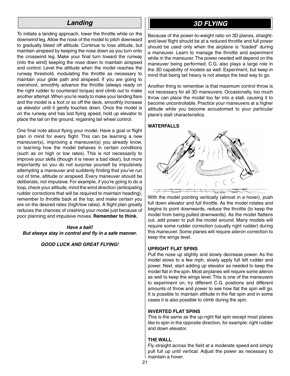 Landing, 3d flying | Great Planes Matt Chapman Eagle 580 EP ARF - GPMA1573 User Manual | Page 21 / 24