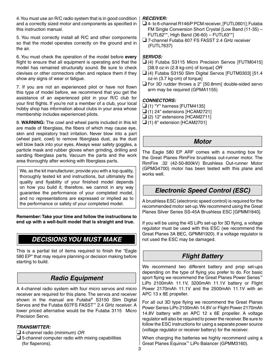 Decisions you must make, Radio equipment, Motor | Electronic speed control (esc), Flight battery | Great Planes Matt Chapman Eagle 580 EP ARF - GPMA1573 User Manual | Page 3 / 24