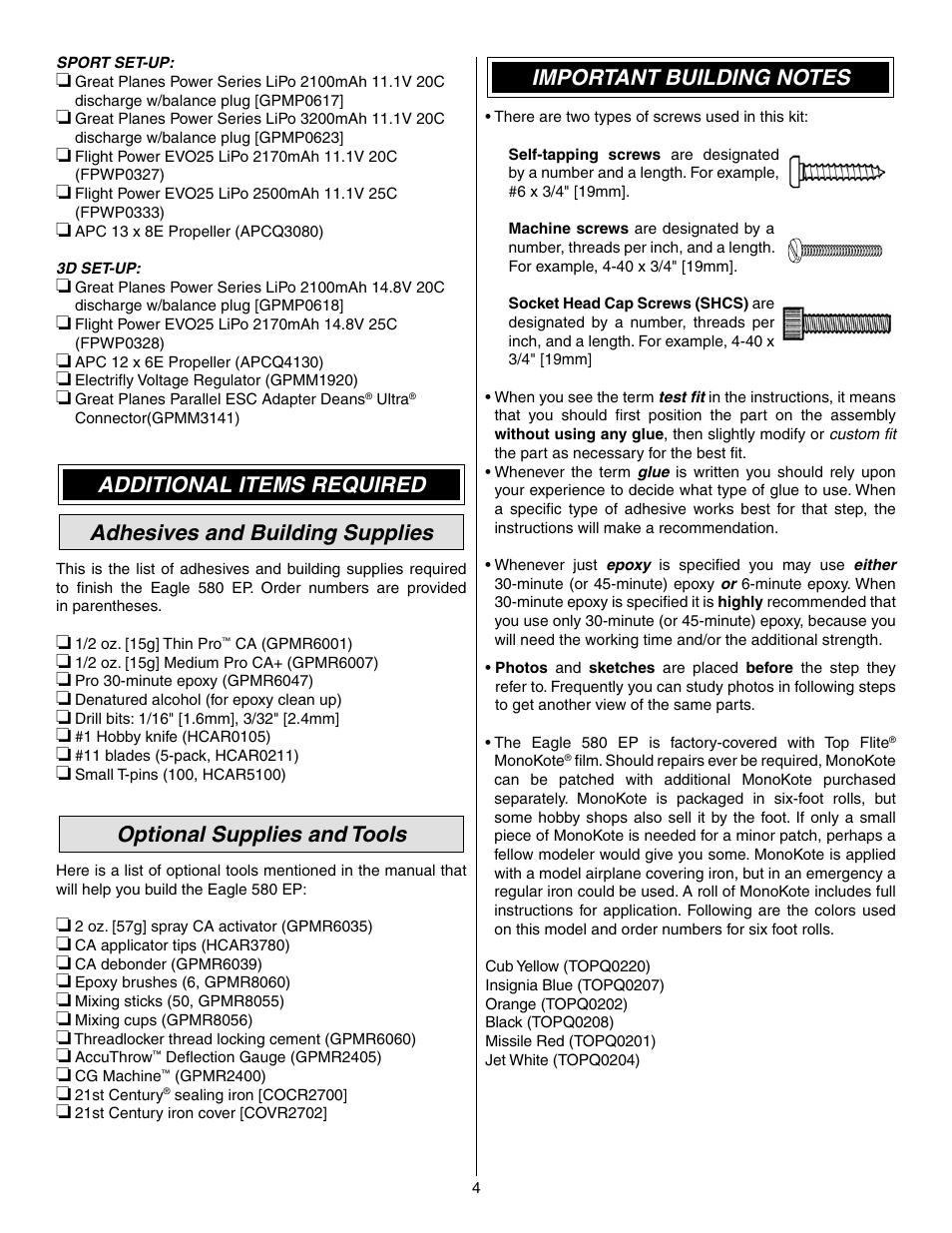 Optional supplies and tools | Great Planes Matt Chapman Eagle 580 EP ARF - GPMA1573 User Manual | Page 4 / 24
