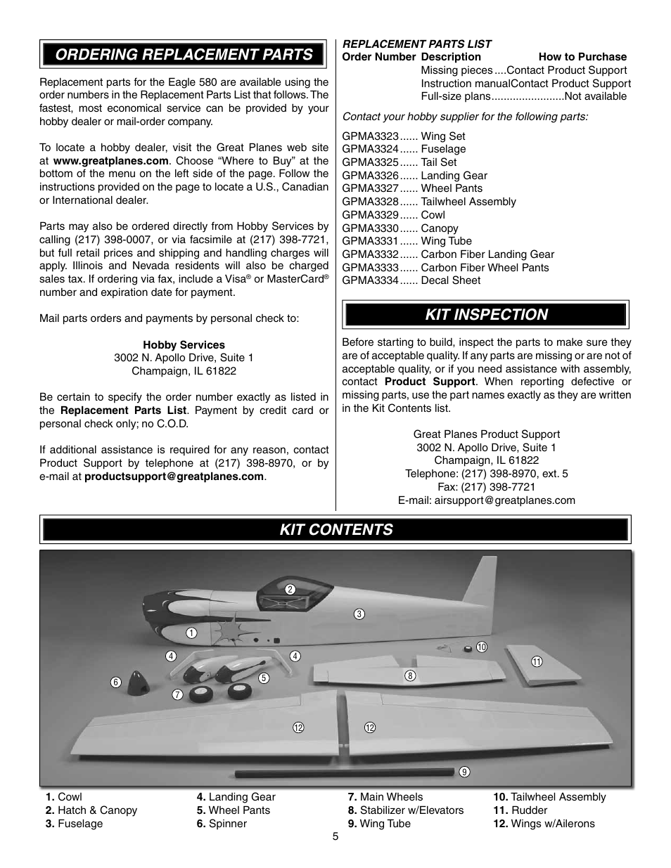Ordering replacement parts, Kit inspection, Kit contents | Great Planes Matt Chapman Eagle 580 EP ARF - GPMA1573 User Manual | Page 5 / 24