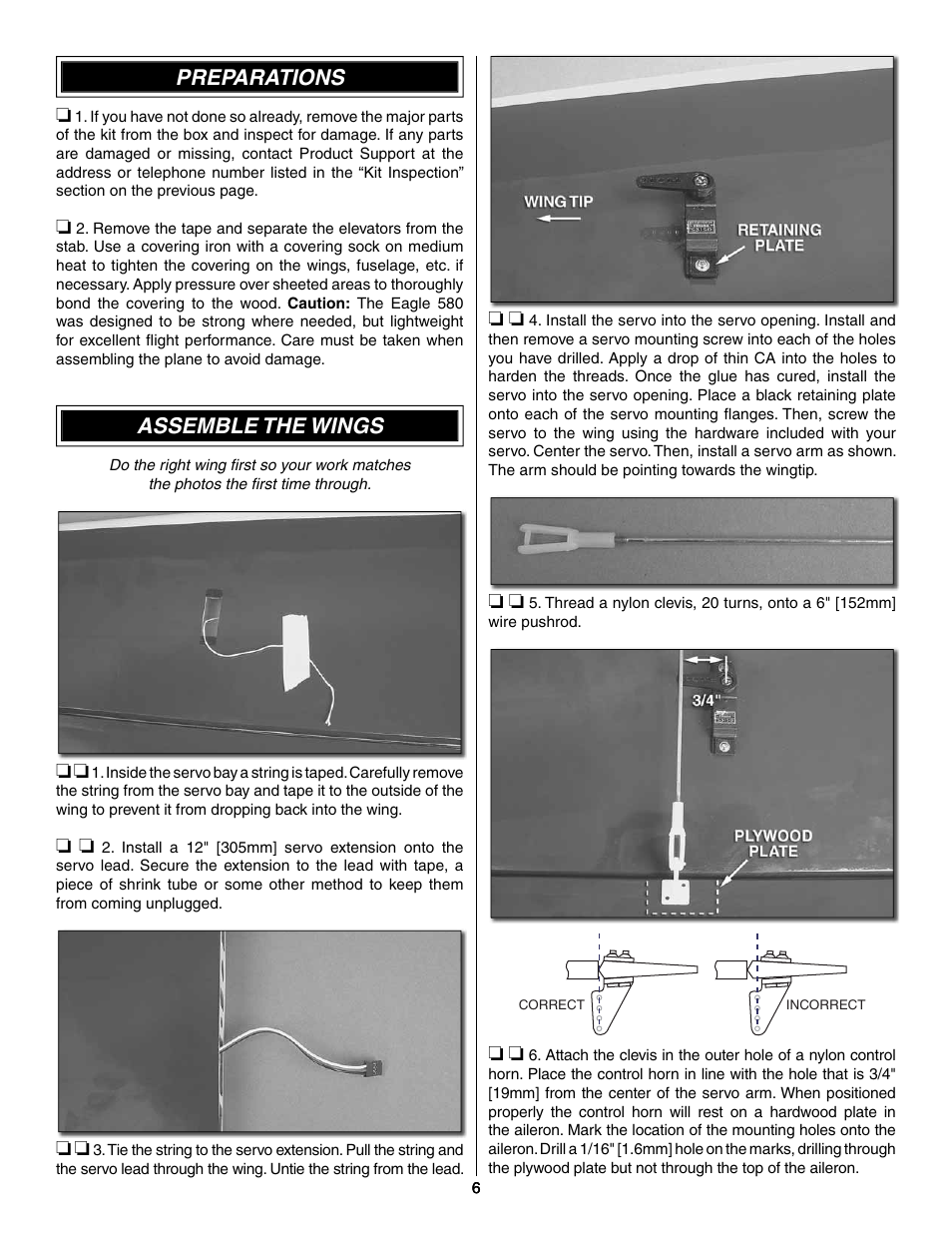 Preparations, Assemble the wings | Great Planes Matt Chapman Eagle 580 EP ARF - GPMA1573 User Manual | Page 6 / 24