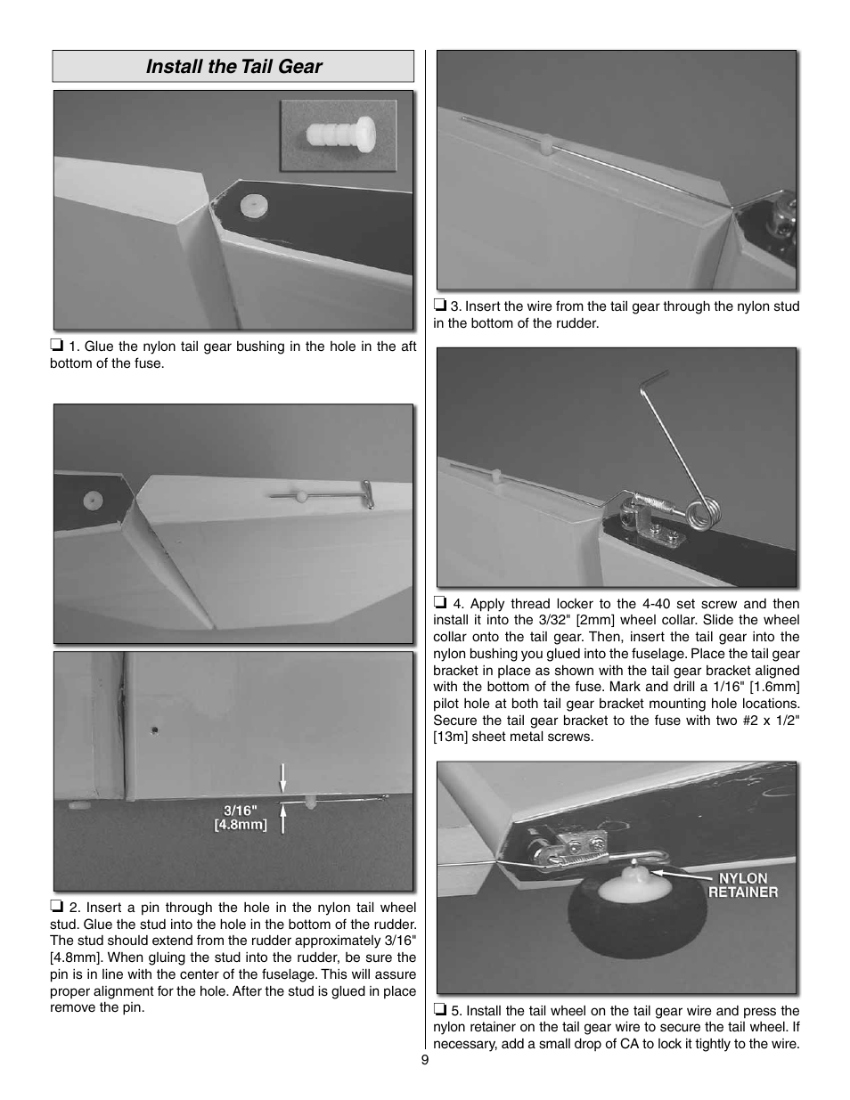Install the tail gear | Great Planes Matt Chapman Eagle 580 EP ARF - GPMA1573 User Manual | Page 9 / 24