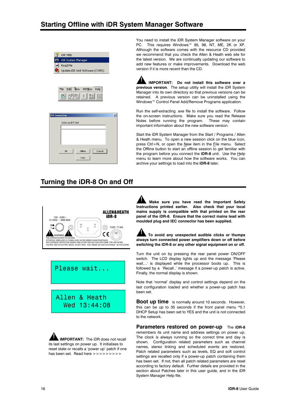 Starting offline with idr system manager software, Turning the idr-8 on and off, Boot up time | Parameters restored on power-up | Compex Systems AP4530 User Manual | Page 16 / 47