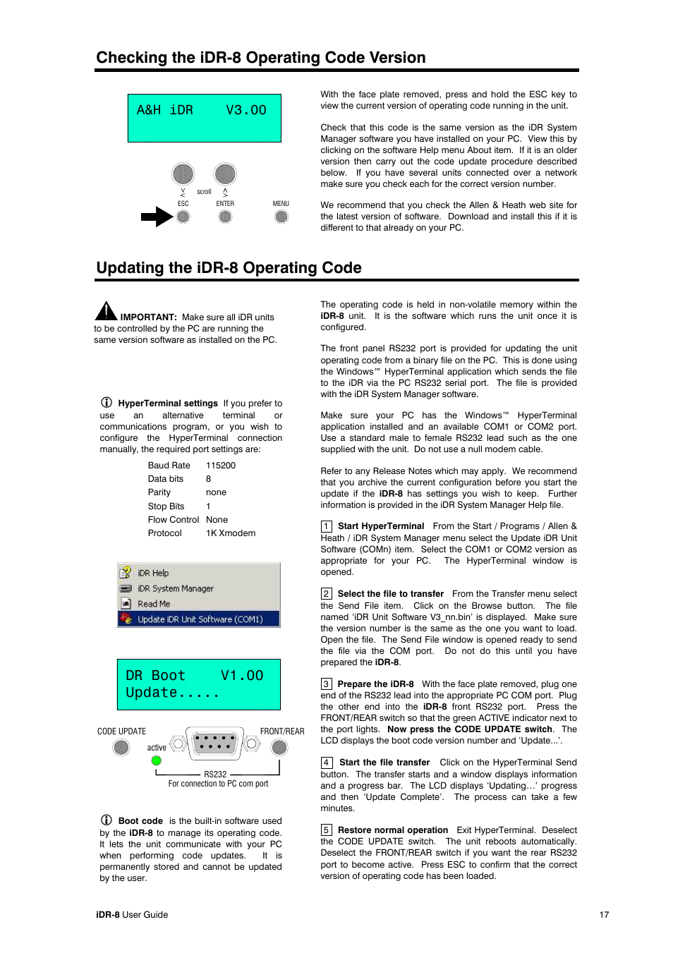 Checking the idr-8 operating code version, Updating the idr-8 operating code, Dr boot v1.00 update | A&h idr v3.00 | Compex Systems AP4530 User Manual | Page 17 / 47