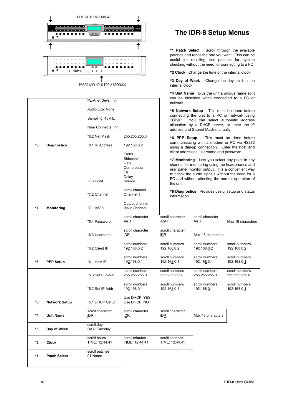 The idr-8 setup menus | Compex Systems AP4530 User Manual | Page 18 / 47