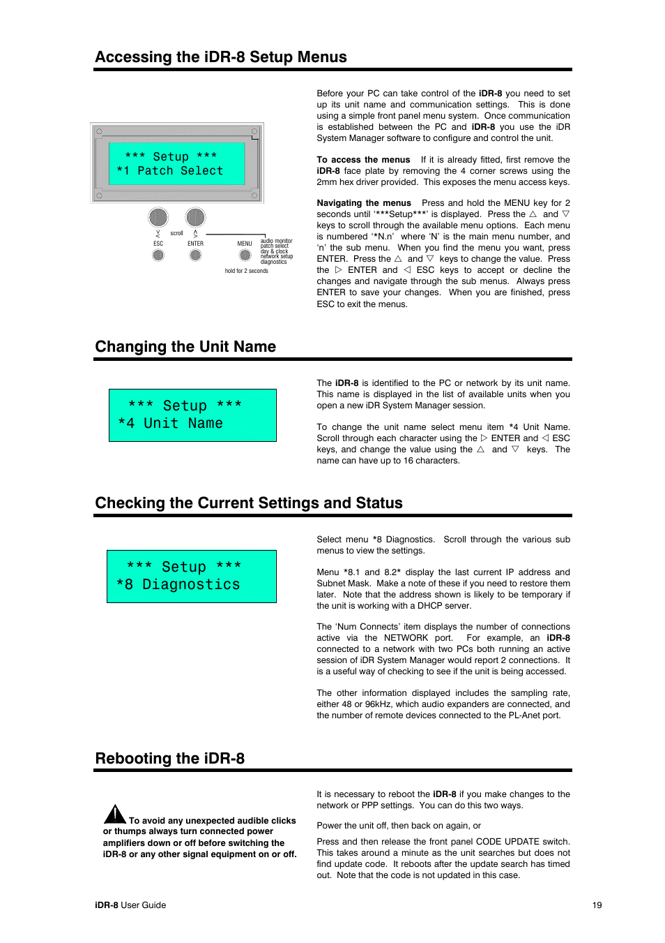 Accessing the idr-8 setup menus, Changing the unit name, Checking the current settings and status | Rebooting the idr-8, Setup *** *1 patch select | Compex Systems AP4530 User Manual | Page 19 / 47