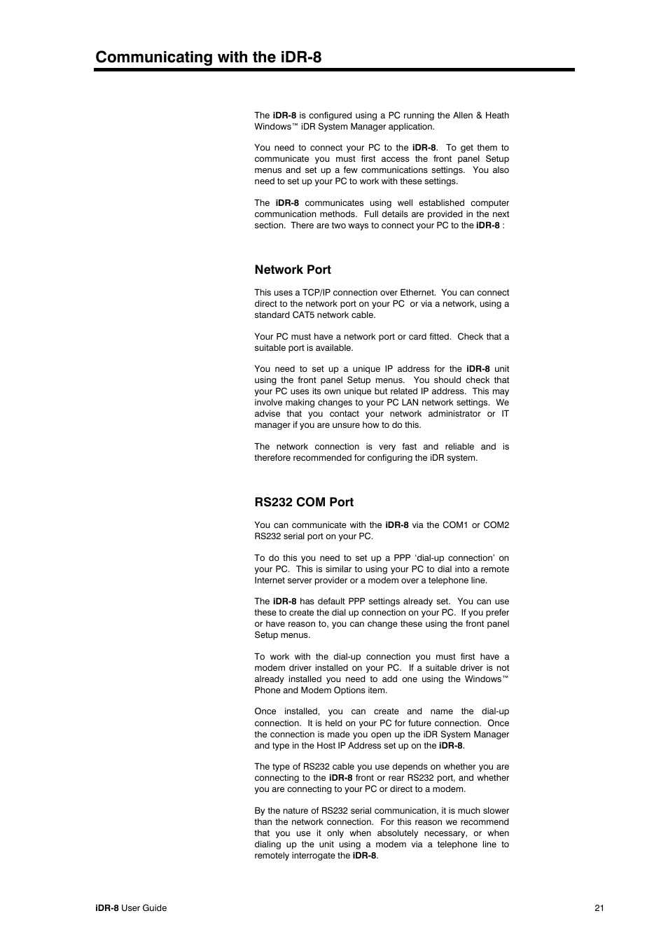 Communicating with the idr-8, Network port, Rs232 com port | Compex Systems AP4530 User Manual | Page 21 / 47