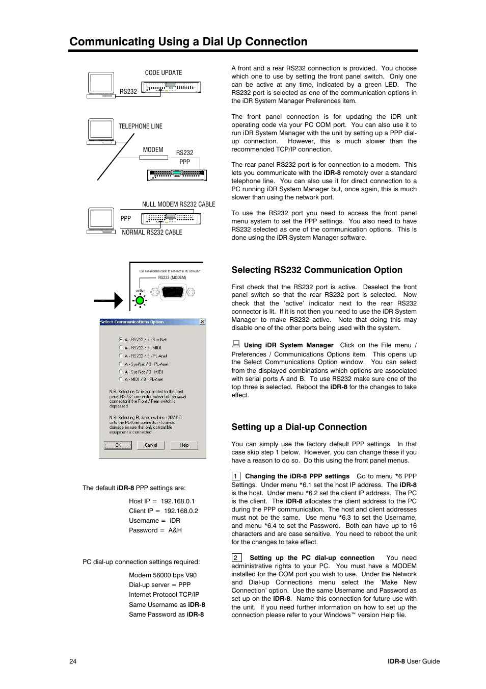 Communicating using a dial up connection, Selecting rs232 communication option, Setting up a dial-up connection | Compex Systems AP4530 User Manual | Page 24 / 47