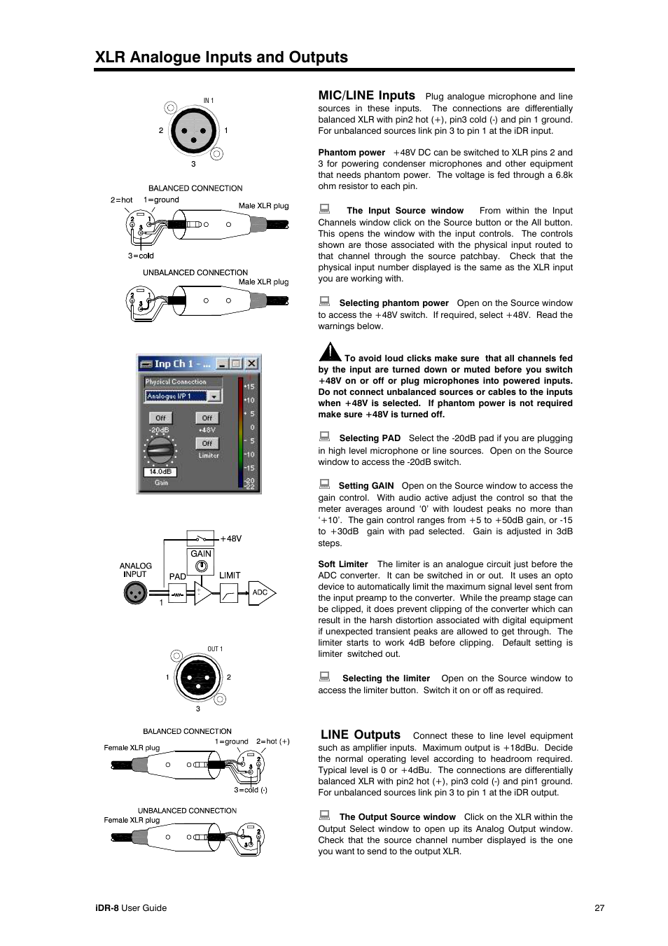 Xlr analogue inputs and outputs, Mic/line inputs, Line outputs | Compex Systems AP4530 User Manual | Page 27 / 47