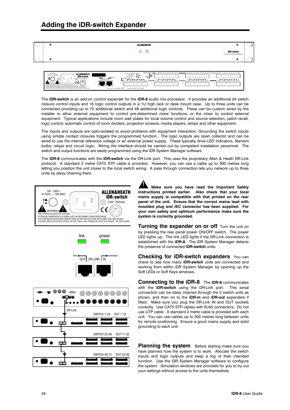 Adding the idr-switch expander, Turning the expander on or off, Checking for idr-switch expanders | Connecting to the idr-8, Planning the system, Link power, 34 idr-8 user guide, Out in dr-link | Compex Systems AP4530 User Manual | Page 34 / 47