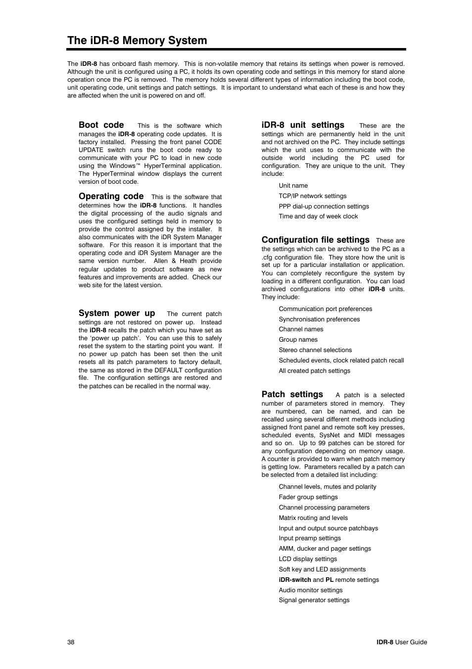 Boot code, Operating code, System power up | Idr-8 unit settings, Configuration file settings, Patch settings | Compex Systems AP4530 User Manual | Page 38 / 47