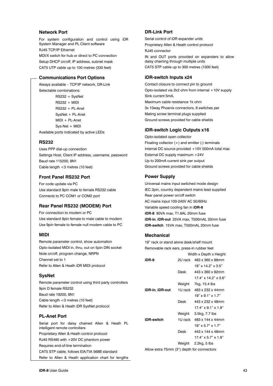 Network port, Communications port options, Rs232 | Front panel rs232 port, Rear panel rs232 (modem) port, Midi, Sysnet, Pl-anet port, Dr-link port, Idr-switch inputs x24 | Compex Systems AP4530 User Manual | Page 43 / 47
