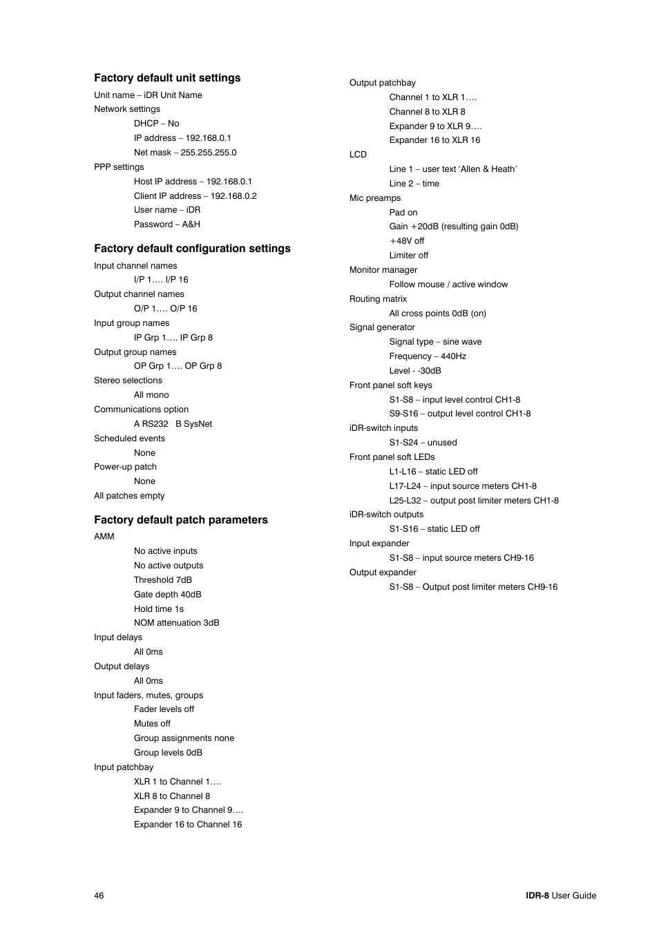 Factory default unit settings, Factory default configuration settings, Factory default patch parameters | Compex Systems AP4530 User Manual | Page 46 / 47