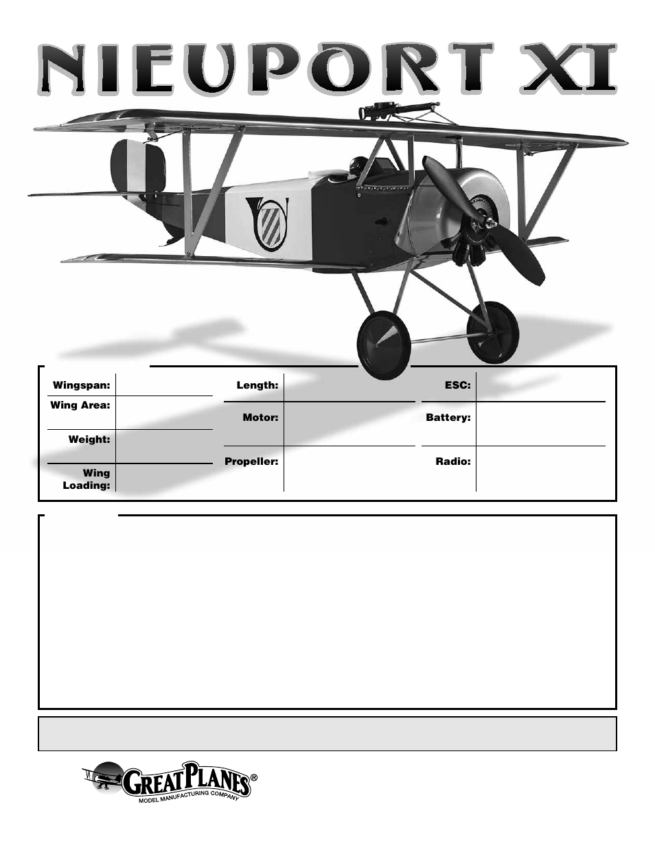 Great Planes Nieuport XI EP ARF - GPMA1146 User Manual | 24 pages
