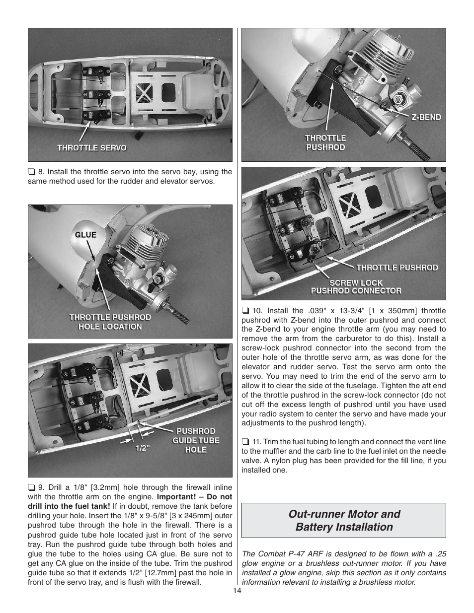 Out-runner motor and battery installation | Great Planes P-47 Thunderbolt GP/EP ARF - GPMA1479 User Manual | Page 14 / 28