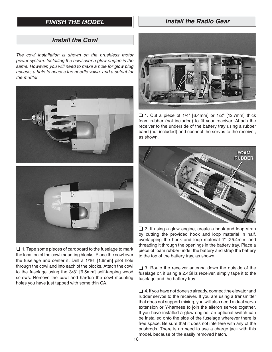 Finish the model, Install the cowl, Install the radio gear | Finish the model install the cowl | Great Planes P-47 Thunderbolt GP/EP ARF - GPMA1479 User Manual | Page 18 / 28