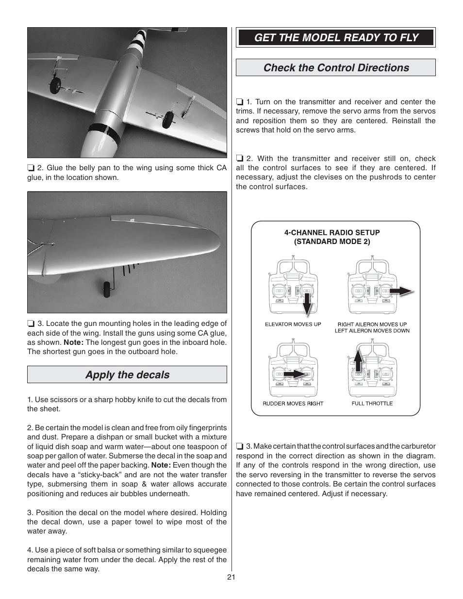 Apply the decals, Get the model ready to fly, Check the control directions | Great Planes P-47 Thunderbolt GP/EP ARF - GPMA1479 User Manual | Page 21 / 28