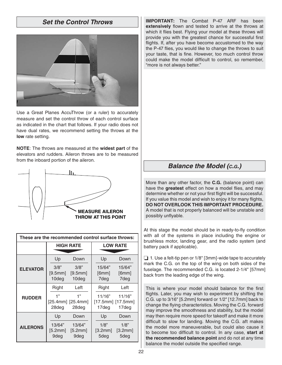 Set the control throws, Balance the model (c.g.), Balance the model | Great Planes P-47 Thunderbolt GP/EP ARF - GPMA1479 User Manual | Page 22 / 28
