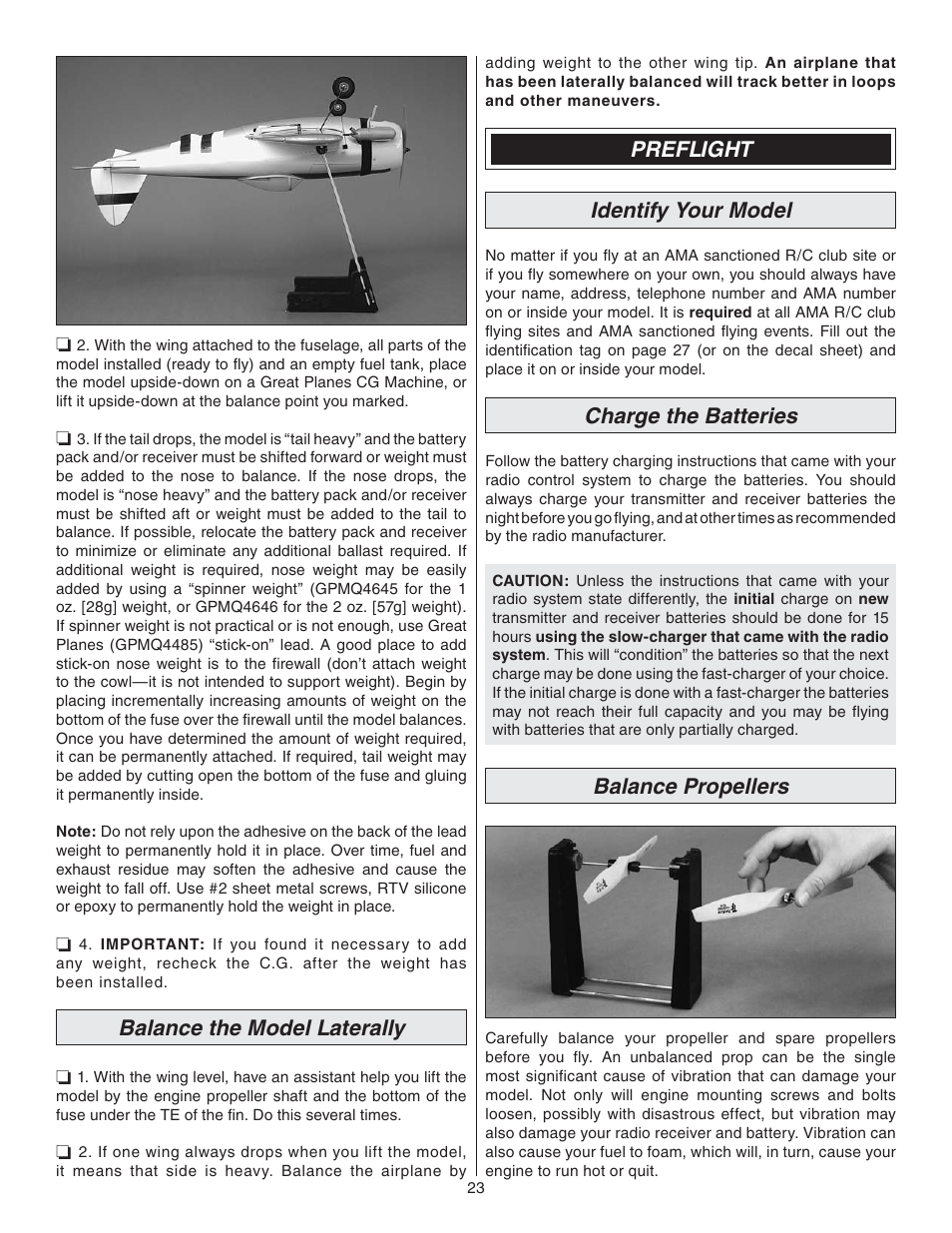 Balance the model laterally, Preflight, Identify your model | Charge the batteries, Balance propellers, Preflight identify your model | Great Planes P-47 Thunderbolt GP/EP ARF - GPMA1479 User Manual | Page 23 / 28