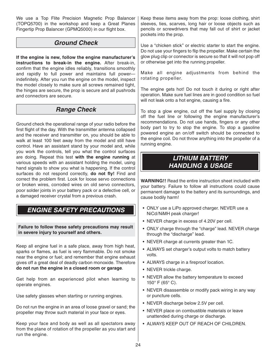 Ground check, Range check, Engine safety precautions | Lithium battery handling & usage | Great Planes P-47 Thunderbolt GP/EP ARF - GPMA1479 User Manual | Page 24 / 28