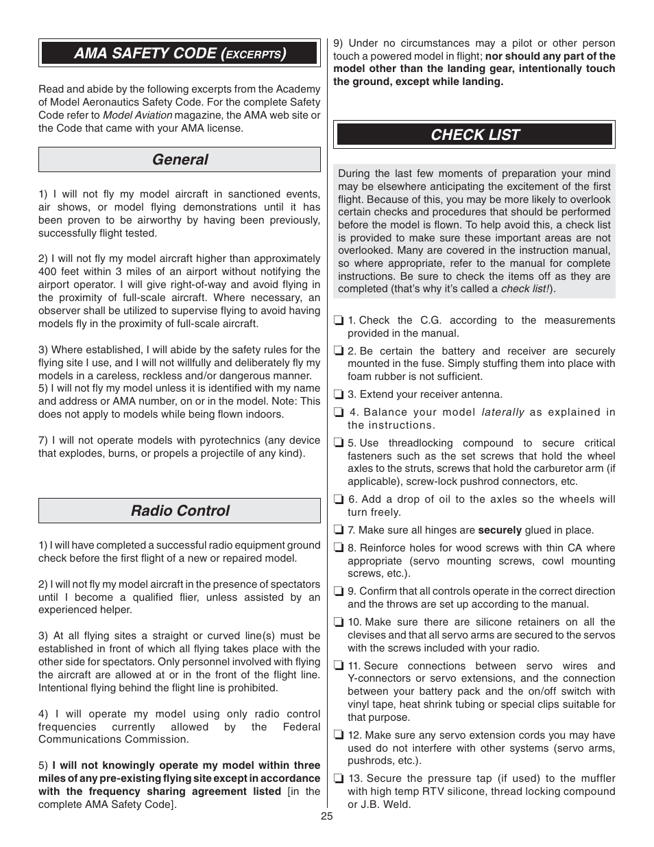 Ama safety code (excerpts), General, Radio control | Check list, Ama safety code | Great Planes P-47 Thunderbolt GP/EP ARF - GPMA1479 User Manual | Page 25 / 28