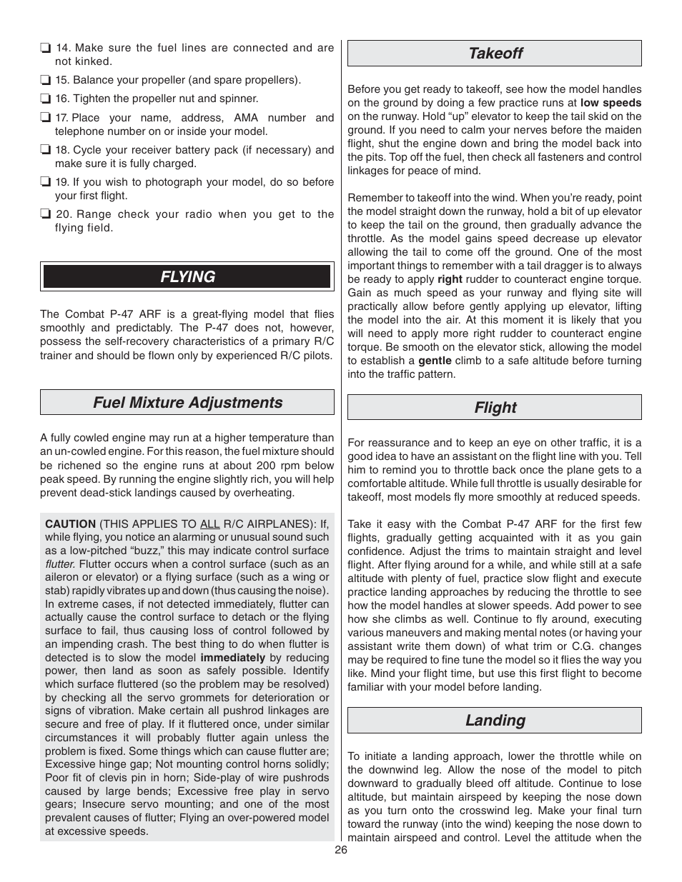 Flying, Fuel mixture adjustments, Takeoff | Flight, Landing | Great Planes P-47 Thunderbolt GP/EP ARF - GPMA1479 User Manual | Page 26 / 28
