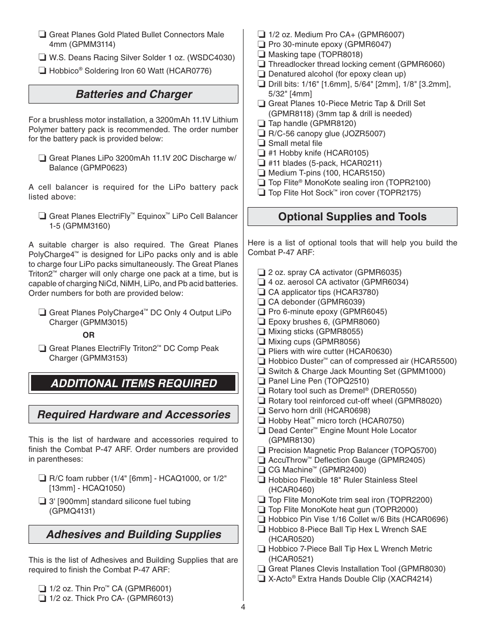 Batteries and charger, Additional items required, Required hardware and accessories | Adhesives and building supplies, Optional supplies and tools | Great Planes P-47 Thunderbolt GP/EP ARF - GPMA1479 User Manual | Page 4 / 28