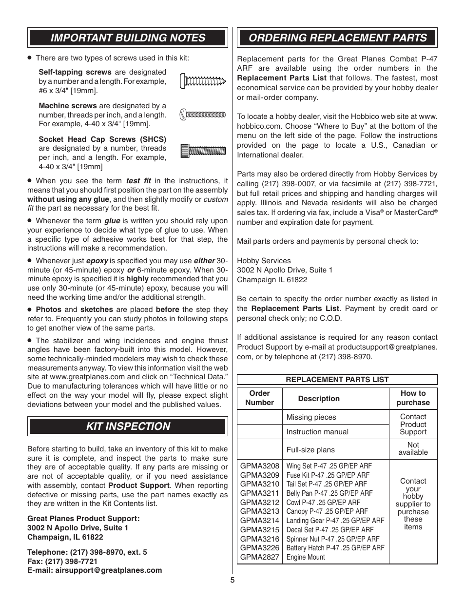 Important building notes, Kit inspection, Ordering replacement parts | Great Planes P-47 Thunderbolt GP/EP ARF - GPMA1479 User Manual | Page 5 / 28