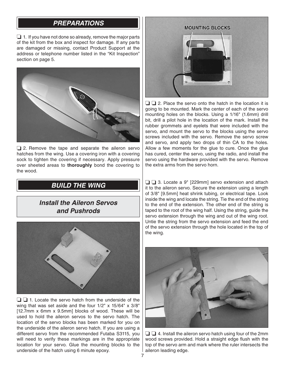 Preparations, Build the wing, Install the aileron servos and pushrods | Great Planes P-47 Thunderbolt GP/EP ARF - GPMA1479 User Manual | Page 7 / 28
