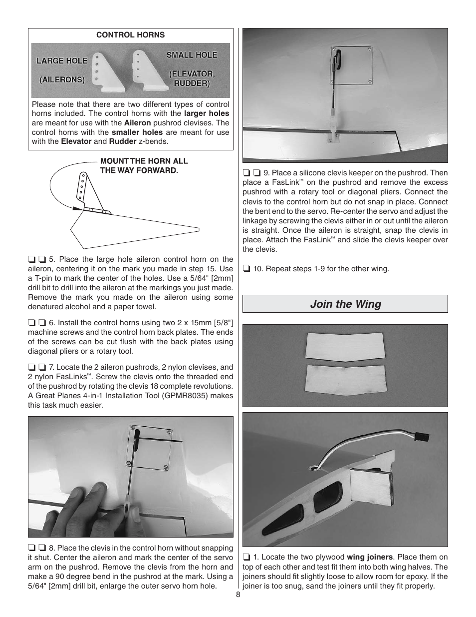 Join the wing | Great Planes P-47 Thunderbolt GP/EP ARF - GPMA1479 User Manual | Page 8 / 28