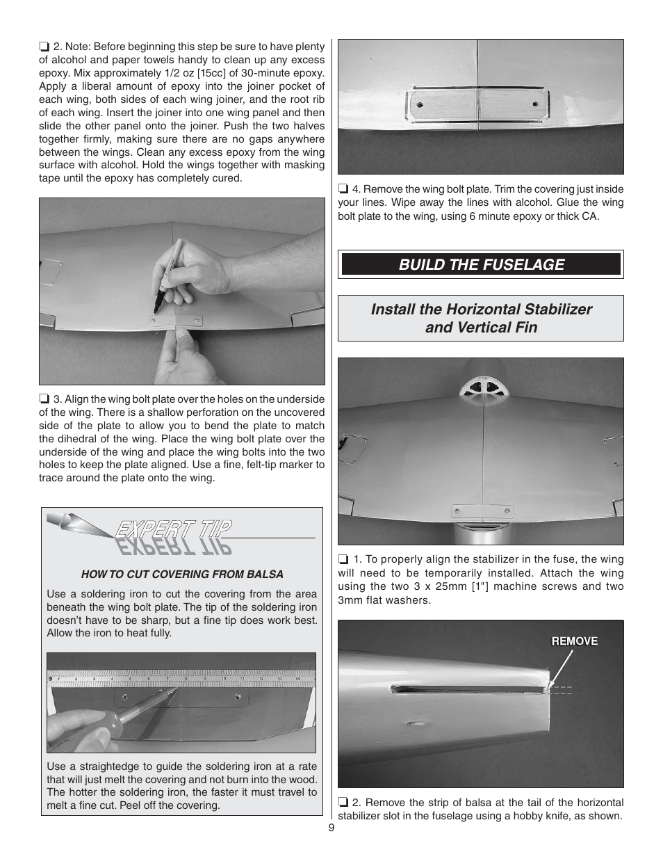 Build the fuselage, Install the horizontal stabilizer and vertical fin | Great Planes P-47 Thunderbolt GP/EP ARF - GPMA1479 User Manual | Page 9 / 28